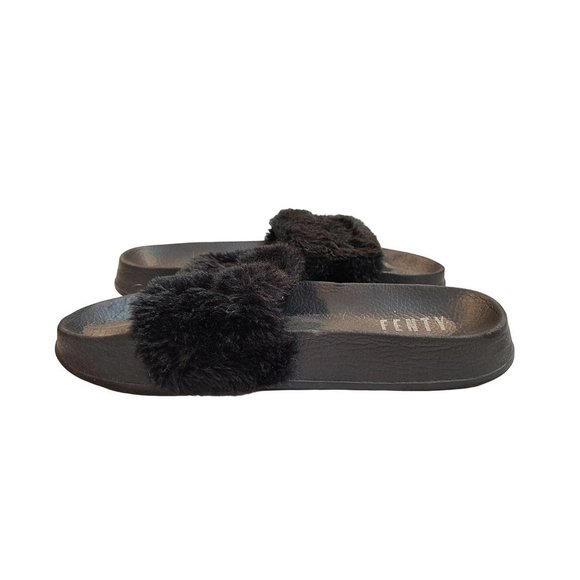 Fenty X Puma Sandals Women's 8 Black Leadcat Slides Fuzzy Slip On Comfy Rhianna - Picture 2 of 9